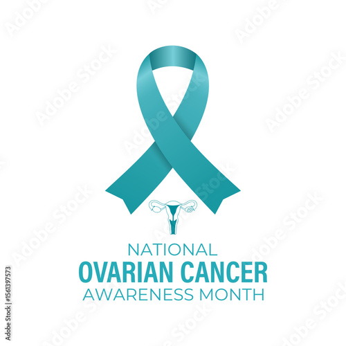 Ovarian Cancer awareness month is observed every year in September. A concept for healthcare and medicine. Realistic Teal Ribbon and ovaries. Creating for web banner, cards, prints, social media.