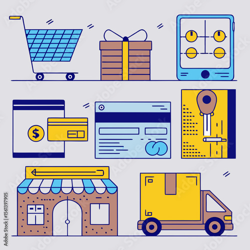 Online shopping process illustrated with icons depicting a shopping cart, gift, payment methods, delivery truck, and storefront.
