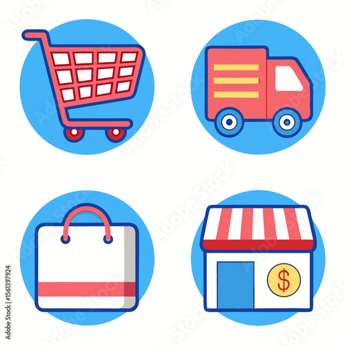 Four colorful illustrations representing shopping, delivery, and retail commerce concepts.