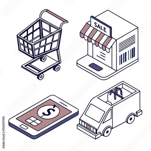 Online shopping, delivery, and payment methods illustrated with isometric icons of a shopping cart, store, smartphone, and delivery van.