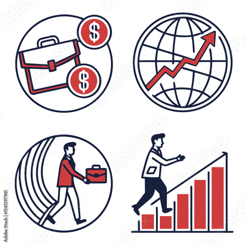 Business icons depicting growth, success, and global reach.