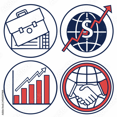 Global business growth, partnership, and financial success symbolized through icons of briefcase, rising graph, handshake, and global dollar sign.