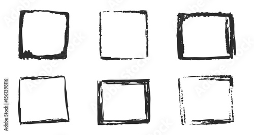 Grunge rectangle frames with textured edges, paint brush ink graffiti splatter and stencils border. Retro scribble abstract shape.