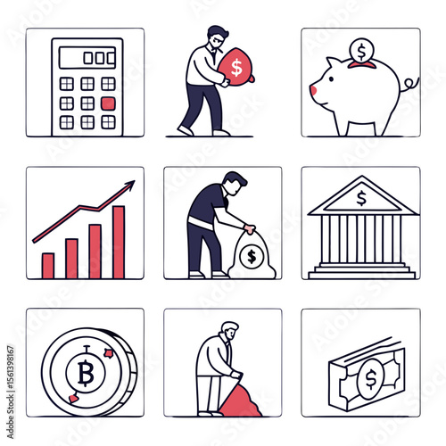 A collection of simple line art illustrations depicting financial concepts like saving, investing, and banking.