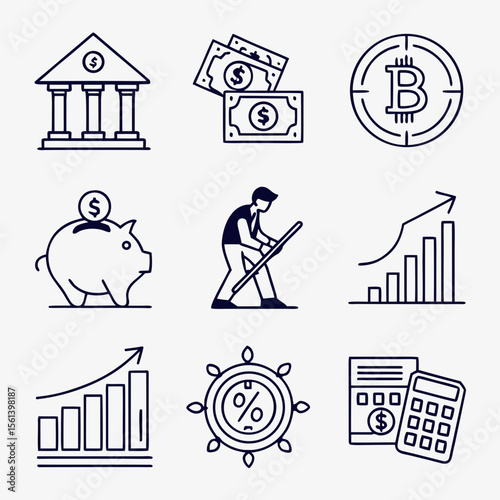 Financial icons depicting banking, investment, savings, growth, and cryptocurrency.