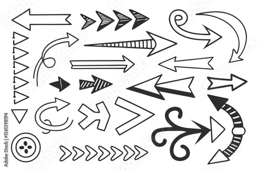 Sketchy Hand-Drawn Arrows Collection in Black Vector Style. Curved and Circular Icons for Infographics, UI Navigation Layouts, and Creative Web Presentation Design Templates.

