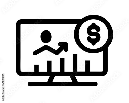 Computer screen displaying a financial growth chart with an upward arrow and dollar sign.