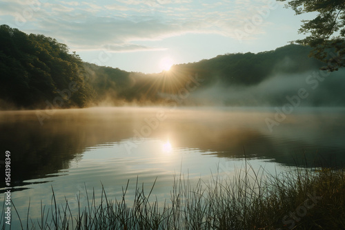 Sunrise over a serene lake with mist rising and gentle ripples in the water. Generative AI