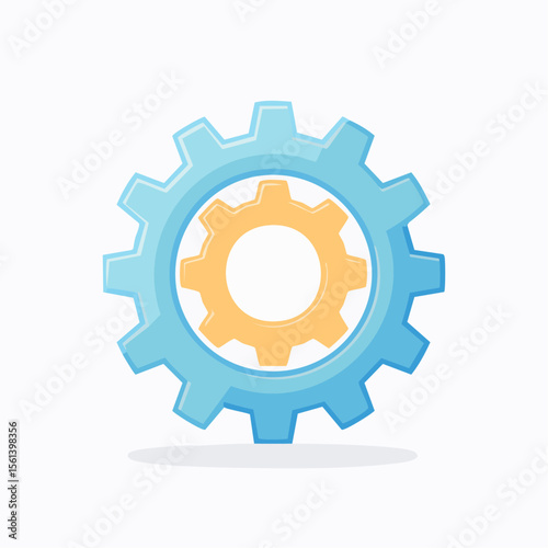 A stylized illustration of two interlocking gear mechanisms, one inside the other.