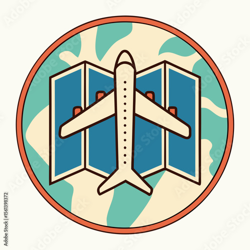 Airplane icon flying over a map, inside a circular frame with a camouflage pattern.