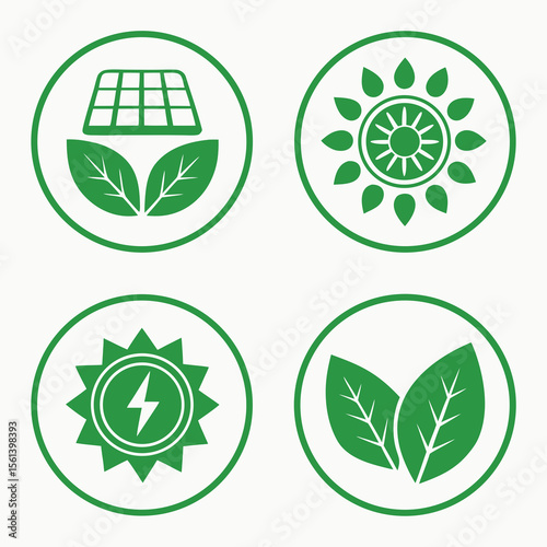 Green energy symbols: solar panel, sun, leaves, and lightning bolt, representing renewable energy sources.