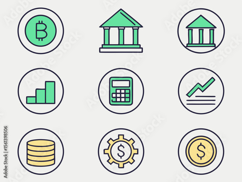 Collection of financial and banking icons, representing various concepts in a circular design.