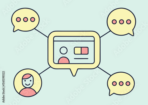 Simple graphic of user profiles connected by communication bubbles, illustrating social interaction and online activity.
