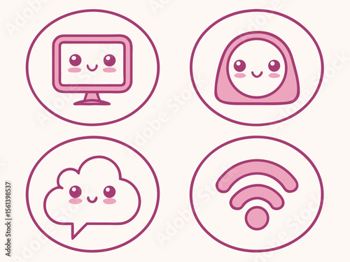 Four cute pink icons depicting a computer, head covering, cloud, and Wi-Fi symbol, set within white circles.
