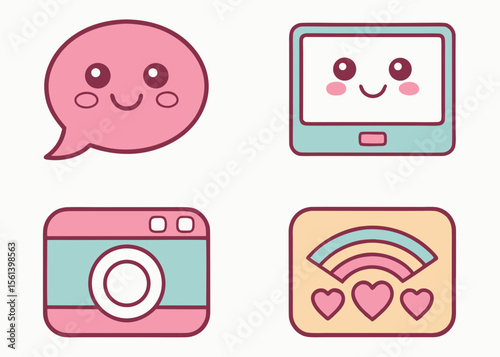 Cute cartoon icons of social media elements like chat, tablet, camera, and rainbow.