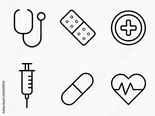 Six medical icons: stethoscope, bandage, plus sign, syringe, pill, and heartbeat, arranged in two rows.