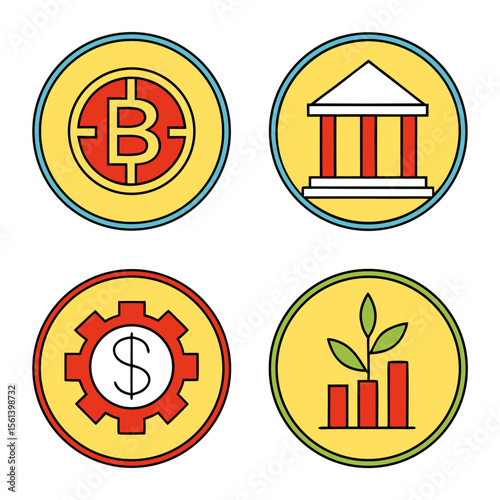 Four circular icons representing different aspects of finance and business, including cryptocurrency, banking, industry, and investment growth.