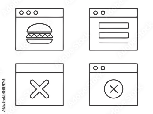 Simple illustration of four different computer browser windows with various icons.