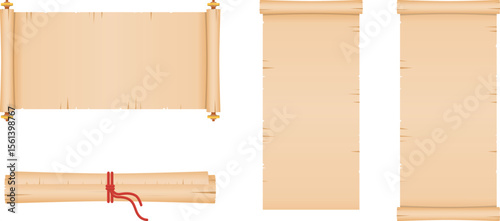 Vector Illustration of Vintage Scroll Paper Set with Rolled and Hanging Ancient Manuscripts for Editable Historical Template and Presentation Design