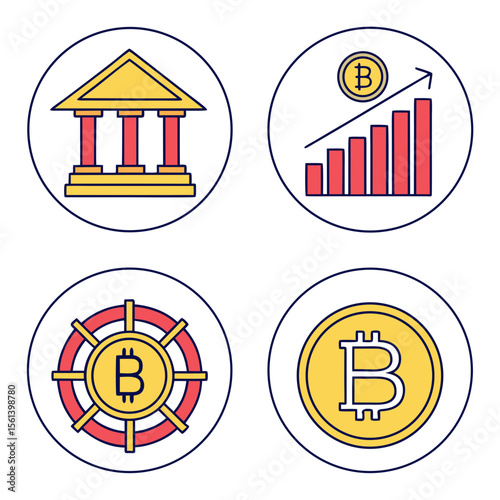 Bitcoin investment growth, banking, security, and cryptocurrency icons.