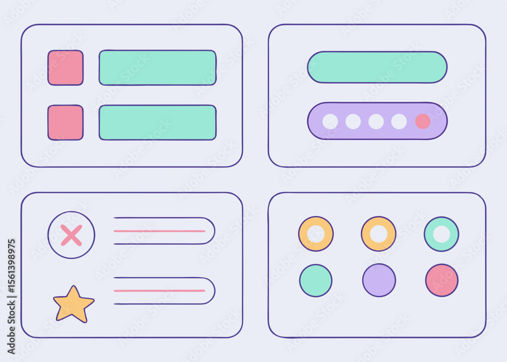Four colorful, stylized user interface elements displayed on a light purple background.