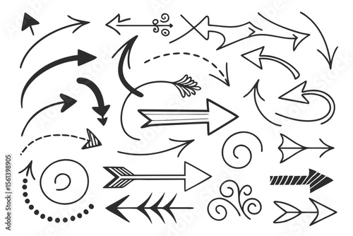Sketch Arrows Set in Hand-Drawn Vector Style. Black Curved, Circular, and Zigzag Icons for UI Navigation, Presentation Templates, Infographic Design, and Creative Web Graphics.

