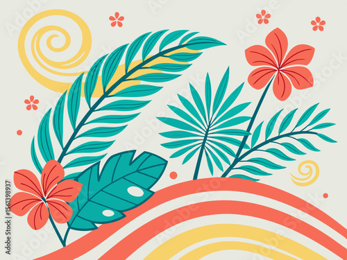 Vibrant tropical leaves and flowers arranged on a stylized landscape.