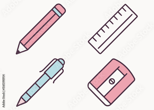 Simple line art illustrations of school supplies, including a pencil, ruler, pen, and sharpener.