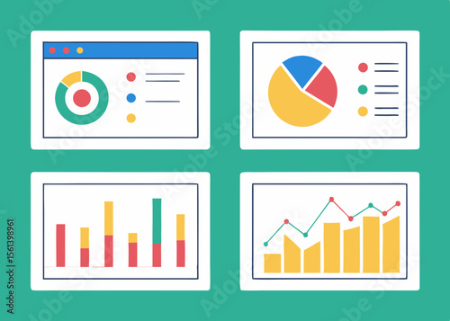 Colorful data visualizations displayed on computer screens showing charts and graphs for business analysis.