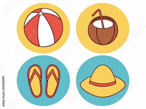 Four circular icons depicting summer vacation items: a beach ball, coconut drink, flip flops, and a sun hat.