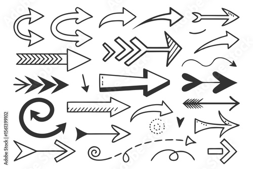 Hand-Drawn Sketch Arrows in Black Vector Style Featuring Curved and Zigzag Shapes. Ideal for Navigation UI, Presentation Infographics, and Creative Design Graphics.

