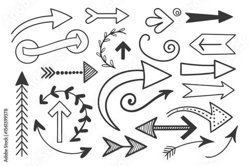 Hand-Drawn Sketchy Arrow Set in Vector Format. Black Curved and Circular Arrow Icons for UI Navigation Design, Infographic Templates, and Creative Presentation Layout Graphics.

