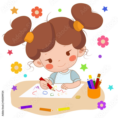 Vector illustration of a cute girl with brown pigtails, drawing with crayons at a table surrounded by flowers and stars. Ideal for children, education, or creative stock imagery.