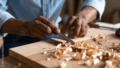Craftsman hands carving wood with traditional tools in a workshop