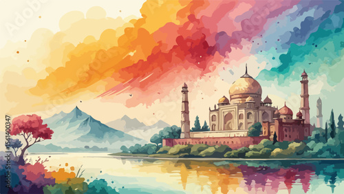 An ancient European city's watercolor landscape painting, featuring its iconic architecture, cathedrals, and reflection on the river under the night sky