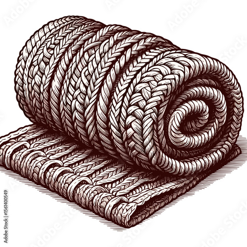 Rolled knitted blanket in vintage engraved brown monochrome style