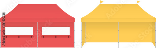 Flat Vector Illustration of Red and Yellow Festival Market Booths with Serving Windows and Flags for Outdoor Event