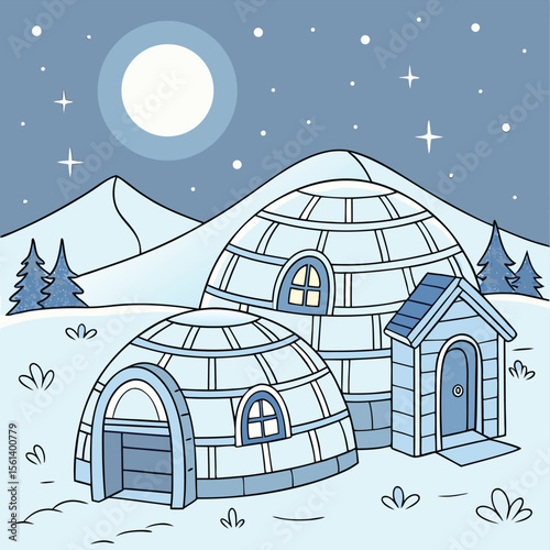 Cartoon illustration of winter landscape with igloos trees mountains and a bright moon in the sky