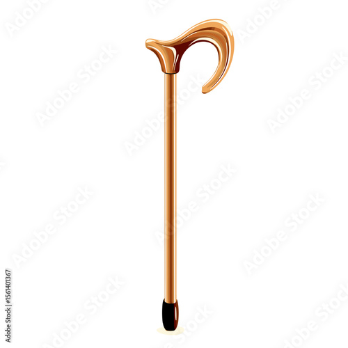 Elegant wooden cane with curved handle on white background
