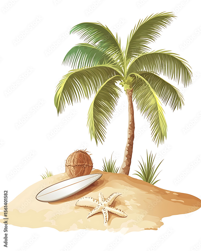 Obraz premium A collection of tropical beach travel elements and summer vacation scenes, perfect for commercial use and design assets.