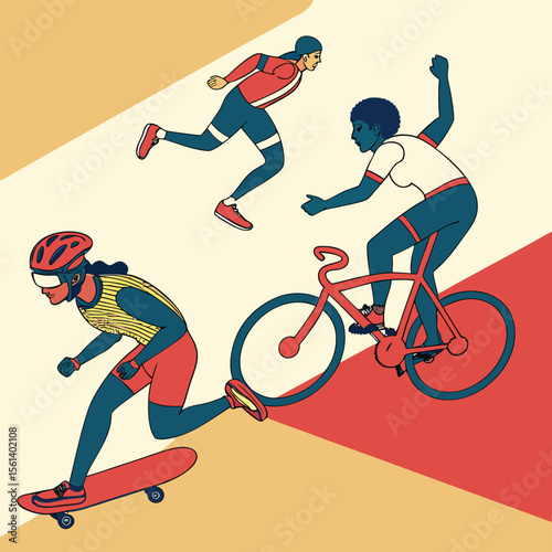 Illustration of three athletes engaged in different sports activities on a colorful background art style