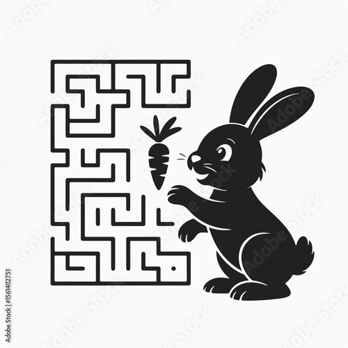 Cute black rabbit character looking at a carrot puzzle adjacent to a complicated maze illustration
