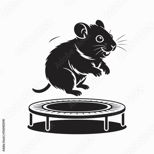 Playful black mouse bouncing joyfully on a trampoline isolated on a clean white background