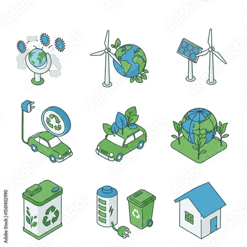 Eco-friendly transportation and energy icons, depicting sustainable solutions for a greener planet.