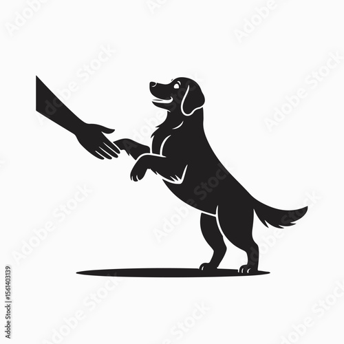 Silhouette illustration of a dog shaking hands with a human demonstrating friendship and companionship