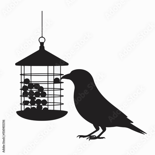 Silhouette of a bird enjoying a meal at a bird feeder against a clean white background