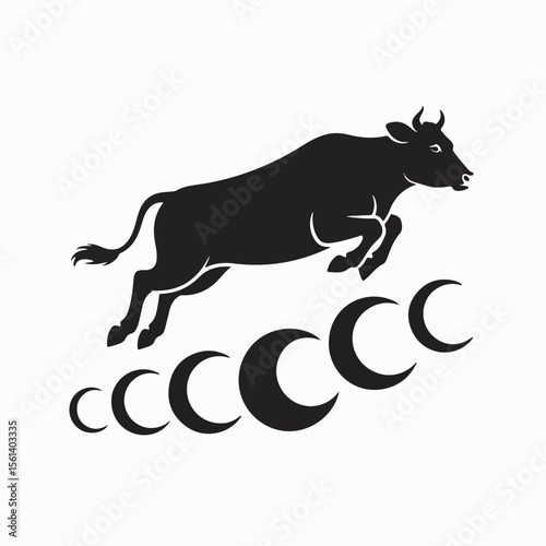 Silhouette of a bull jumping over crescent moons depicting determination strength and astrological taurus sign