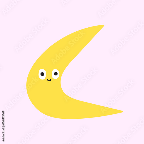 Cute yellow moon. Vector design. Sticker, banner, T shirt design. Hand drawn illustration on pink background.