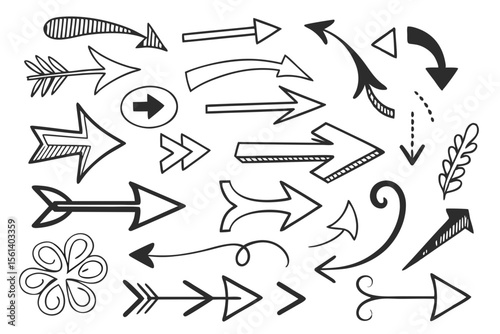 Doodle-Style Arrows Set in Hand-Drawn Vector Format. Curved and Zigzag Black Arrows for Creative UI Navigation Graphics, Infographics, and Presentation Templates.

