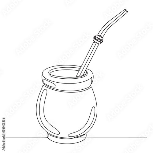 Black and white line drawing of a mate gourd with bombilla